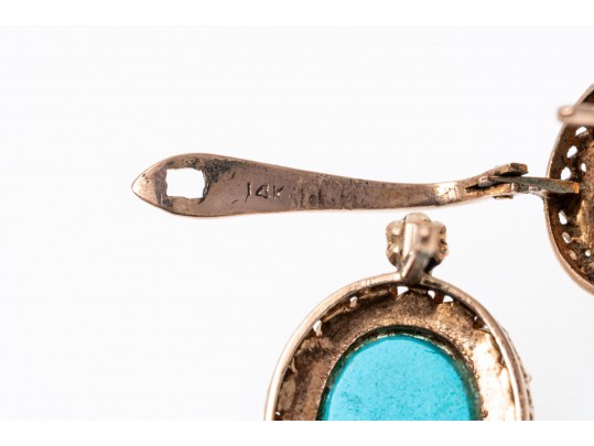 14k Rose Gold Lovely Vintage Turquoise Cabachon And Seed Pearl Halo Earrings