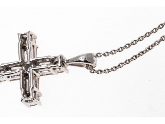 14k White Gold Baguette And Round Diamond Cross, 0.50 TCW, With Chain