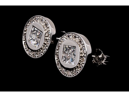Sterling Silver Distinctive High Polished Round Flat Button Earring With Princess Cut And Round CZ's