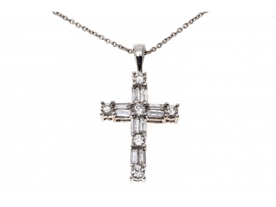 14k White Gold Baguette And Round Diamond Cross, 0.50 TCW, With Chain