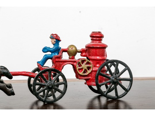 Semi Antique Paint Finished Cast Iron Toy Horse Pulled Fire Cart With Additional Equestrian