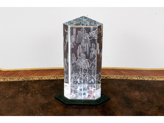 Rare Steuben Crystal Sculpture With Etched City Buildings ,On Stand 