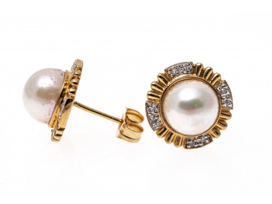 14k Yellow Gold Classic Cultured Freshwater Pearl And Diamond Button Earrings