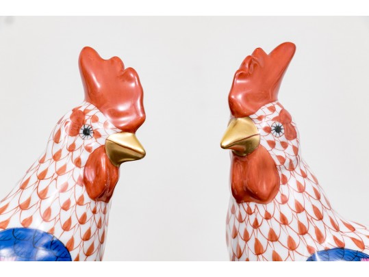 Fantastic Pair Of Herend Hand Painted Porcelain Roosters