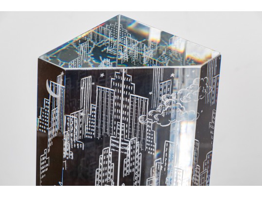 Rare Steuben Crystal Sculpture With Etched City Buildings ,On Stand 