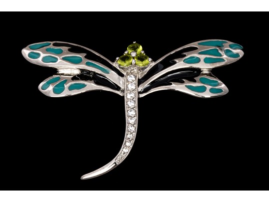 Sterling Silver Whimsical Dragonfly Pin Set With Round Brilliant CZ Stones And Enamel Wings