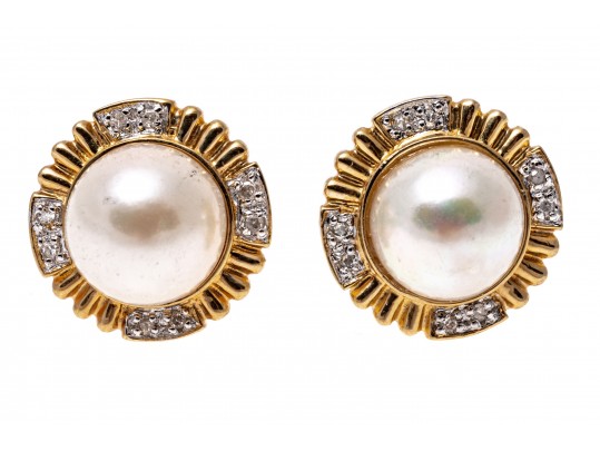 14k Yellow Gold Classic Cultured Freshwater Pearl And Diamond Button Earrings