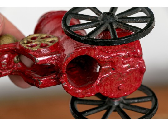 Semi Antique Paint Finished Cast Iron Toy Horse Pulled Fire Cart With Additional Equestrian