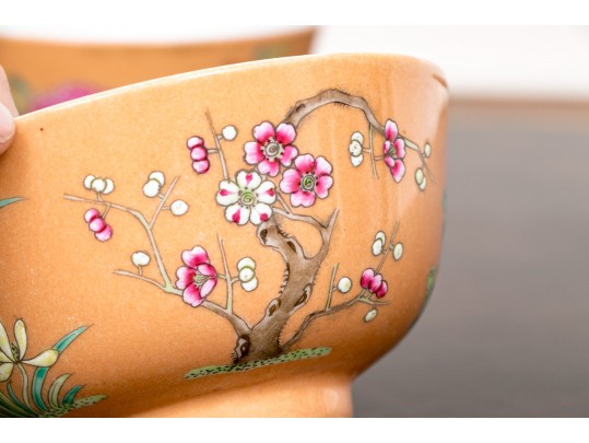 Fine Set Of 4 Chinese Famille Rose On Peach Ground Porcelain Tea Bowls