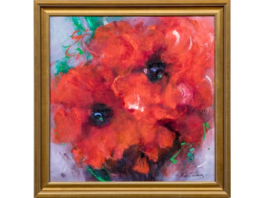 Victoria Montesinos (Mexico, B.1944) Oil On Panel, Red Floral 