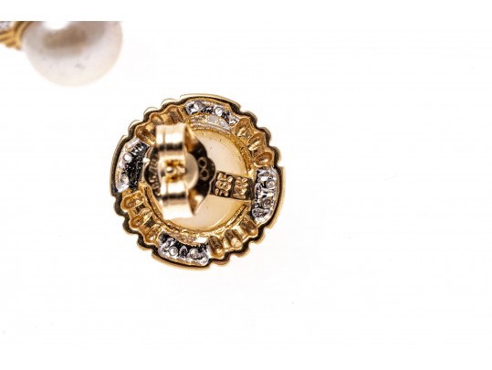 14k Yellow Gold Classic Cultured Freshwater Pearl And Diamond Button Earrings