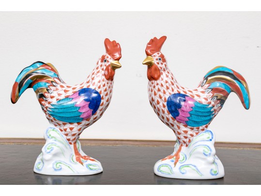 Fantastic Pair Of Herend Hand Painted Porcelain Roosters