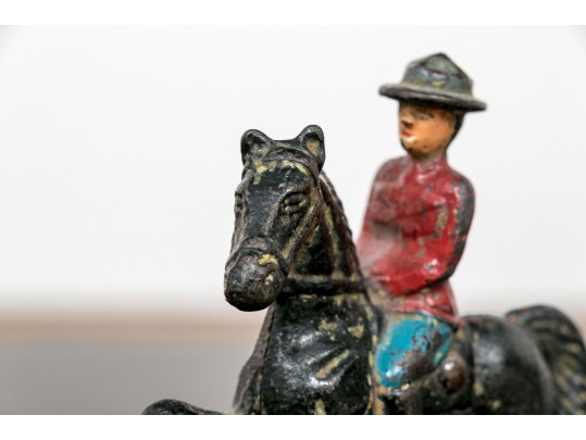 Semi Antique Paint Finished Cast Iron Toy Horse Pulled Fire Cart With Additional Equestrian