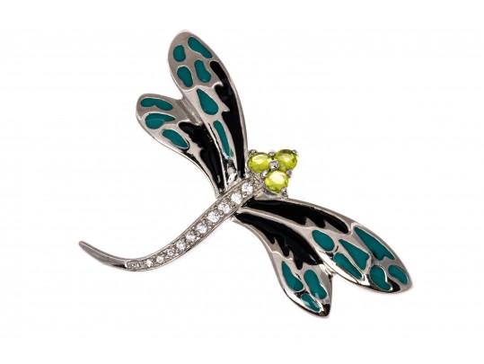 Sterling Silver Whimsical Dragonfly Pin Set With Round Brilliant CZ Stones And Enamel Wings