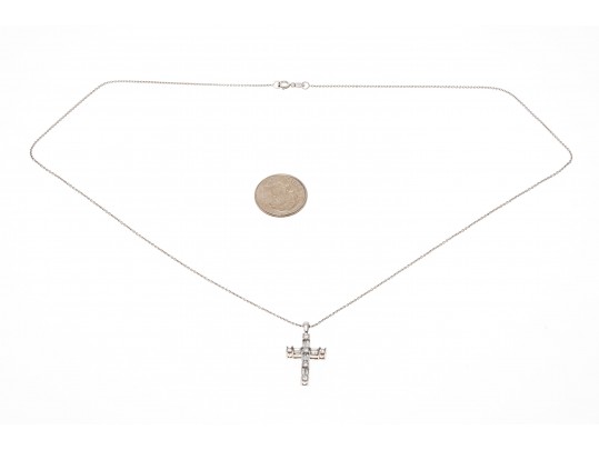 14k White Gold Baguette And Round Diamond Cross, 0.50 TCW, With Chain