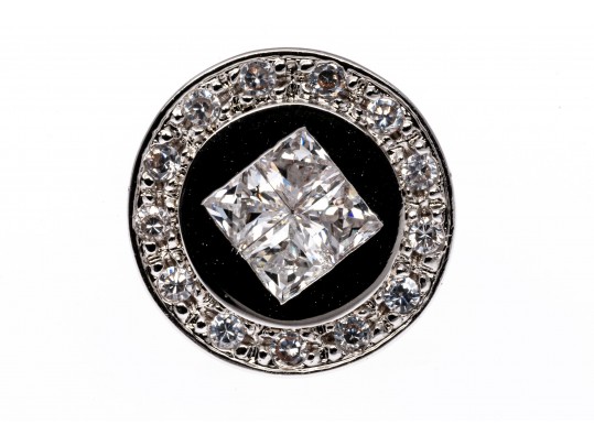 Sterling Silver Distinctive High Polished Round Flat Button Earring With Princess Cut And Round CZ's