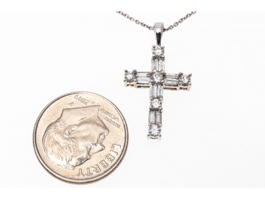 14k White Gold Baguette And Round Diamond Cross, 0.50 TCW, With Chain