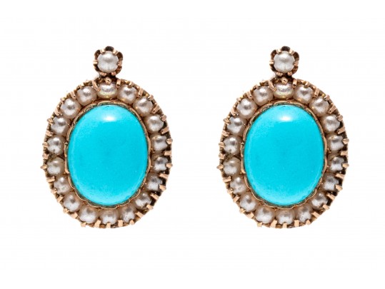 14k Rose Gold Lovely Vintage Turquoise Cabachon And Seed Pearl Halo Earrings