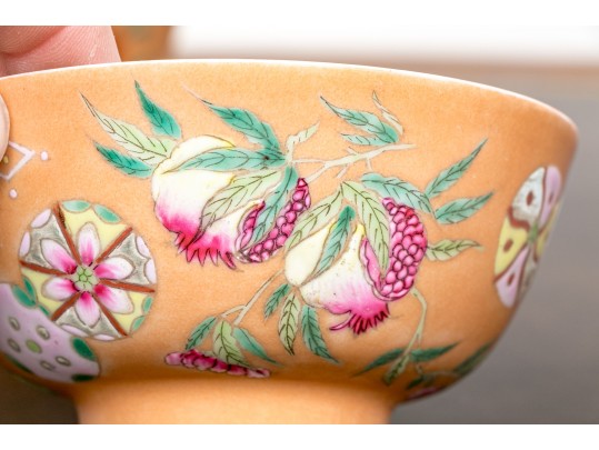 Fine Set Of 4 Chinese Famille Rose On Peach Ground Porcelain Tea Bowls