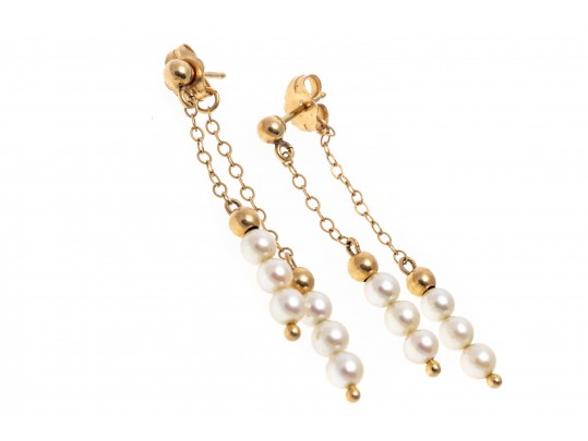 14k Yellow Gold Pretty 3.75 Mm Stacked Cultured Pearl Pendant Earrings