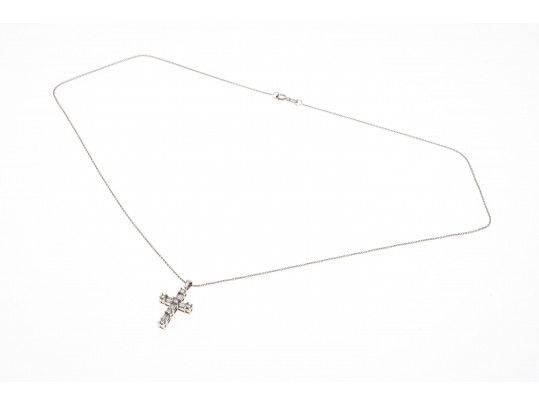 14k White Gold Baguette And Round Diamond Cross, 0.50 TCW, With Chain