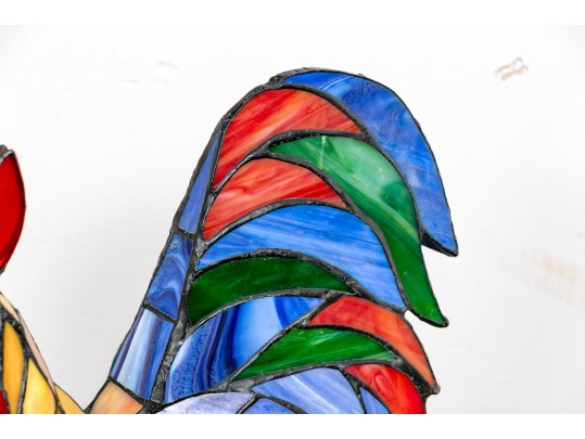 Decorative Lot, Rooster Night Light, Antique Footstool And A Polychromatic Glass Vase