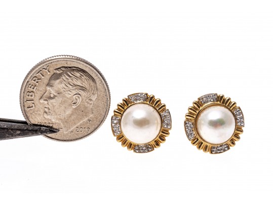 14k Yellow Gold Classic Cultured Freshwater Pearl And Diamond Button Earrings
