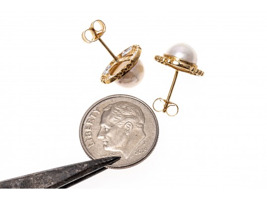 14k Yellow Gold Classic Cultured Freshwater Pearl And Diamond Button Earrings