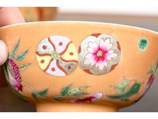 Fine Set Of 4 Chinese Famille Rose On Peach Ground Porcelain Tea Bowls