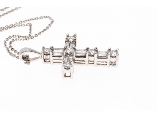 14k White Gold Baguette And Round Diamond Cross, 0.50 TCW, With Chain