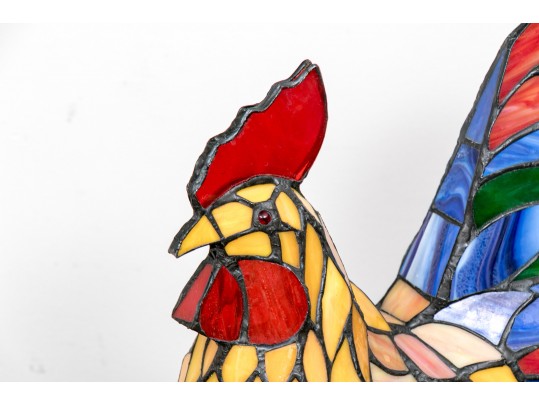 Decorative Lot, Rooster Night Light, Antique Footstool And A Polychromatic Glass Vase