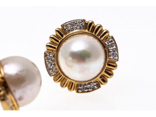 14k Yellow Gold Classic Cultured Freshwater Pearl And Diamond Button Earrings