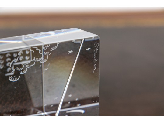 Rare Steuben Crystal Sculpture With Etched City Buildings ,On Stand 