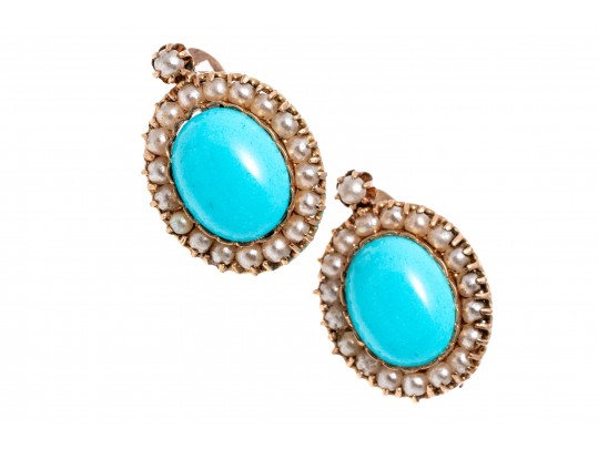14k Rose Gold Lovely Vintage Turquoise Cabachon And Seed Pearl Halo Earrings