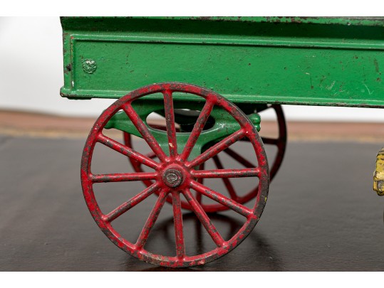 Semi Antique Paint Finished Cast Iron Toy Farm Cart Pulled By Horses 