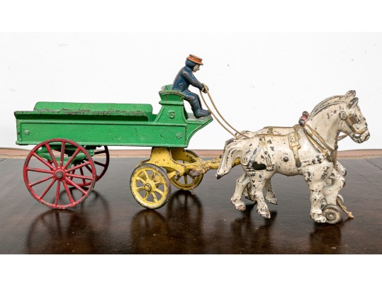 Semi Antique Paint Finished Cast Iron Toy Farm Cart Pulled By Horses 