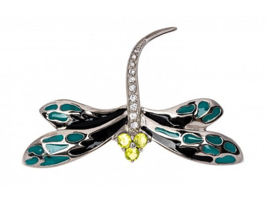 Sterling Silver Whimsical Dragonfly Pin Set With Round Brilliant CZ Stones And Enamel Wings