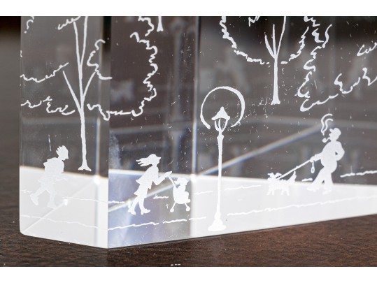 Rare Steuben Crystal Sculpture With Etched City Buildings ,On Stand 