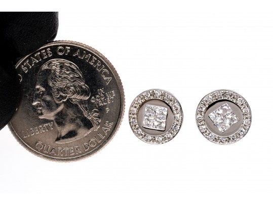 Sterling Silver Distinctive High Polished Round Flat Button Earring With Princess Cut And Round CZ's