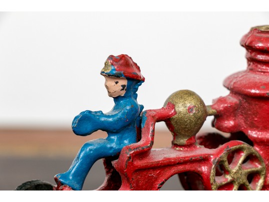 Semi Antique Paint Finished Cast Iron Toy Horse Pulled Fire Cart With Additional Equestrian