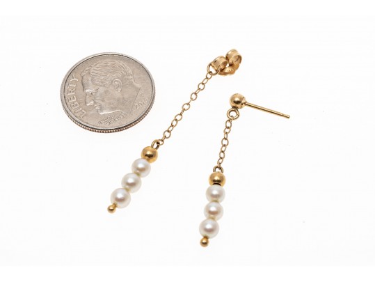 14k Yellow Gold Pretty 3.75 Mm Stacked Cultured Pearl Pendant Earrings
