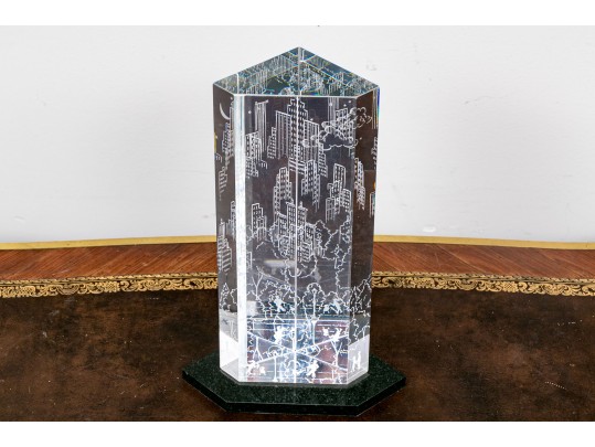 Rare Steuben Crystal Sculpture With Etched City Buildings ,On Stand 