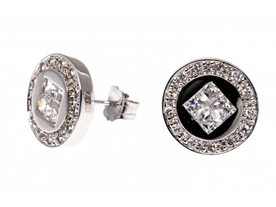 Sterling Silver Distinctive High Polished Round Flat Button Earring With Princess Cut And Round CZ's
