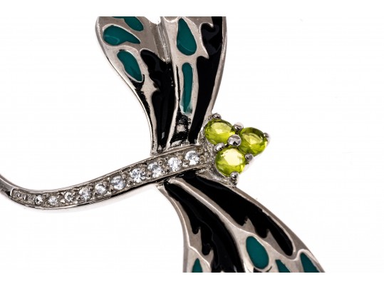 Sterling Silver Whimsical Dragonfly Pin Set With Round Brilliant CZ Stones And Enamel Wings