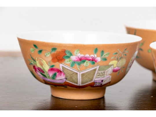 Fine Set Of 4 Chinese Famille Rose On Peach Ground Porcelain Tea Bowls