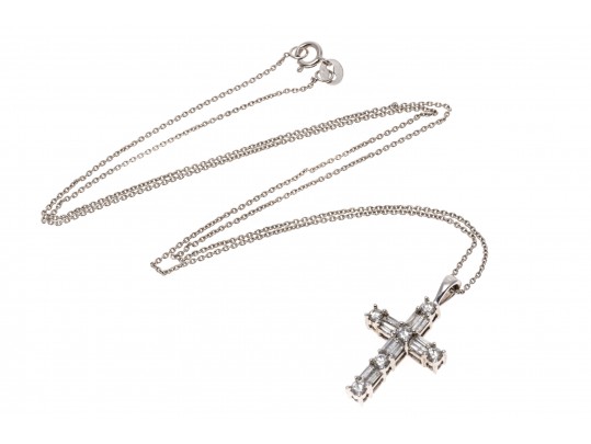 14k White Gold Baguette And Round Diamond Cross, 0.50 TCW, With Chain