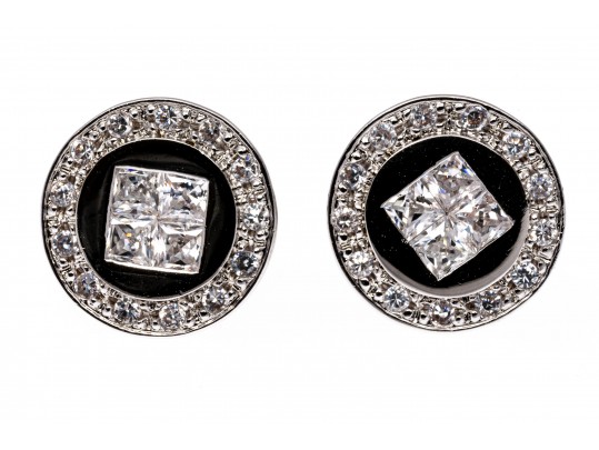 Sterling Silver Distinctive High Polished Round Flat Button Earring With Princess Cut And Round CZ's