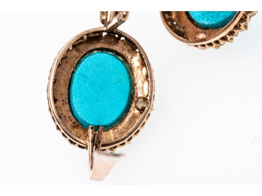 14k Rose Gold Lovely Vintage Turquoise Cabachon And Seed Pearl Halo Earrings