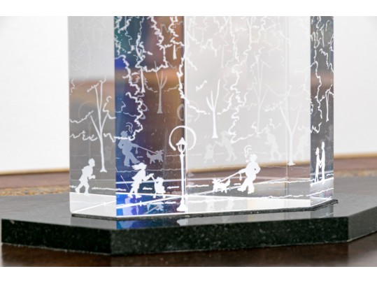 Rare Steuben Crystal Sculpture With Etched City Buildings ,On Stand 