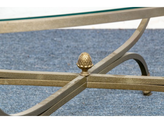 Hollywood Regency Style Brass & Glass Oval Top Cocktail Table 